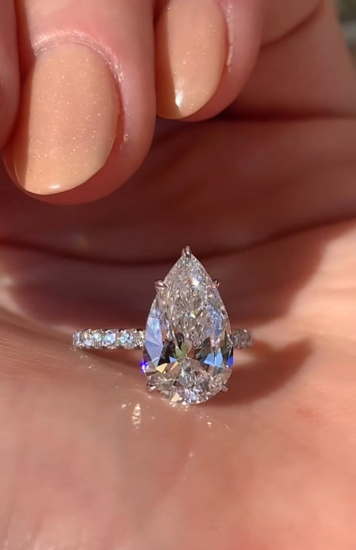 3 CT Pear Shaped Moissanite Engagement Ring – Hidden Halo Pear Cut Ring in 14K/18K White Gold, Pave Setting Anniversary Gift for Her