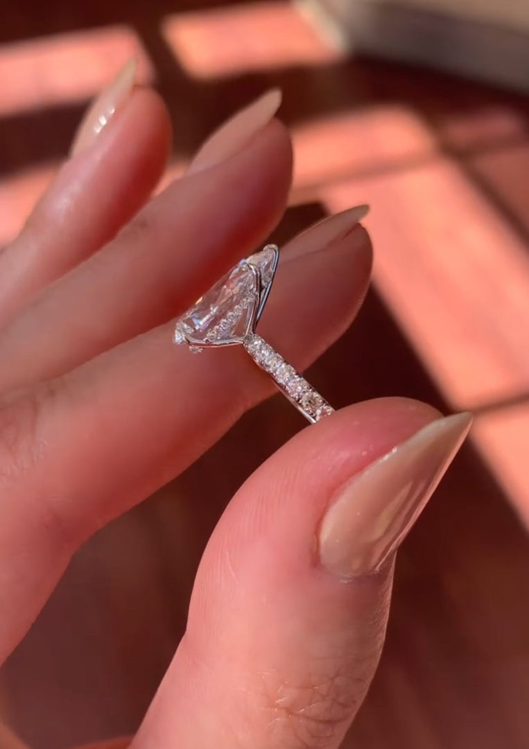 3 CT Pear Shaped Moissanite Engagement Ring – Hidden Halo Pear Cut Ring in 14K/18K White Gold, Pave Setting Anniversary Gift for Her