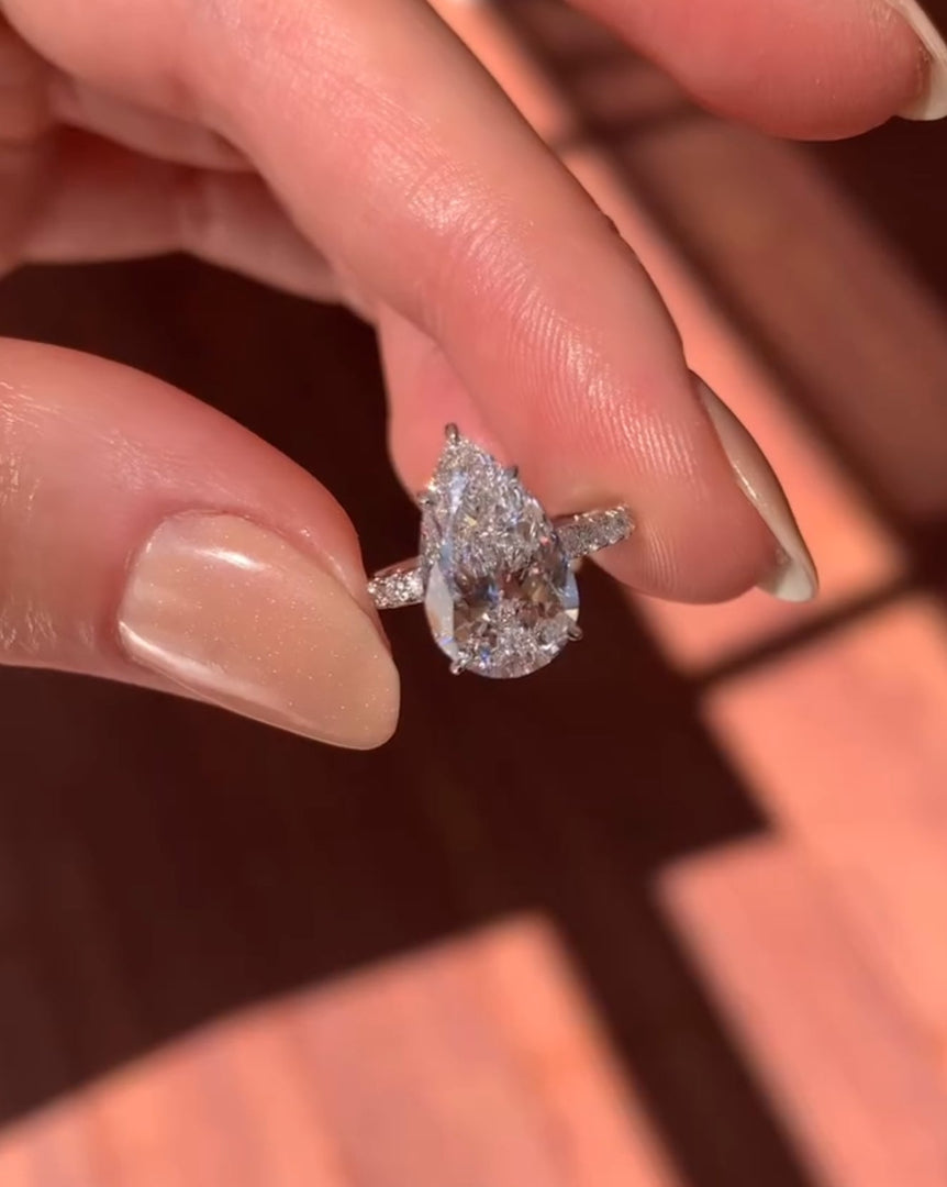 3 CT Pear Shaped Moissanite Engagement Ring – Hidden Halo Pear Cut Ring in 14K/18K White Gold, Pave Setting Anniversary Gift for Her