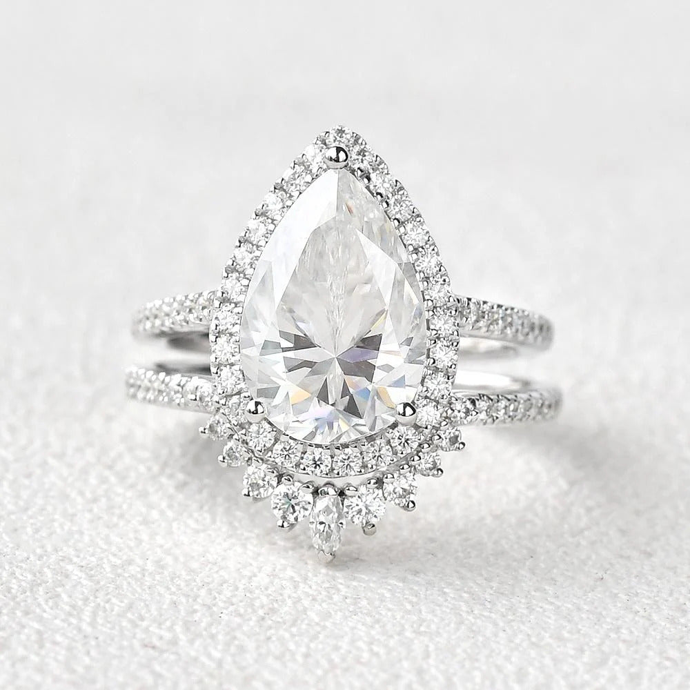 Pear Cut Moissanite Halo Engagement Ring with Curved Stacking Band Mapple Gems