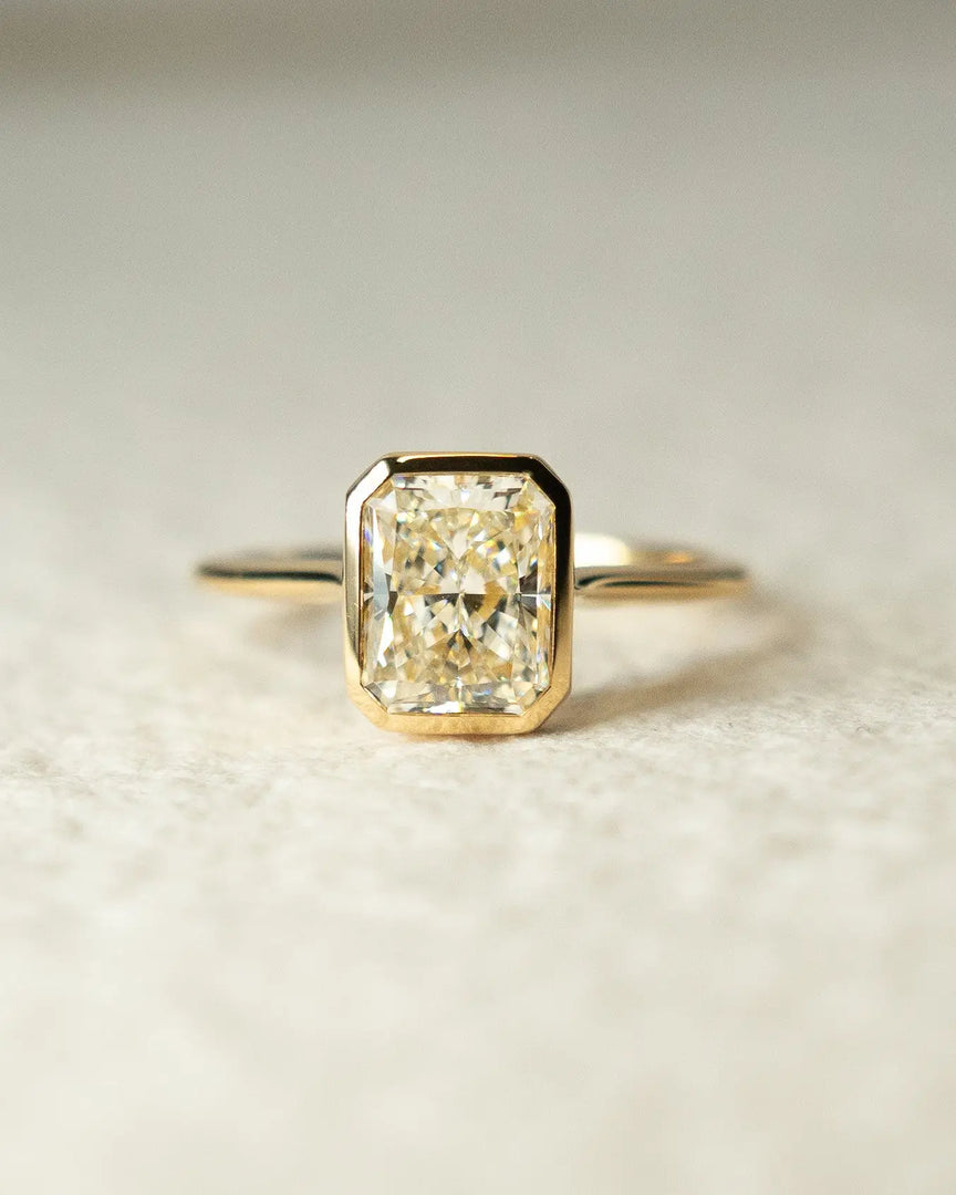 Radiant Cut Moissanite Bezel Set Ring – 14K Yellow Gold Solitaire Engagement Ring