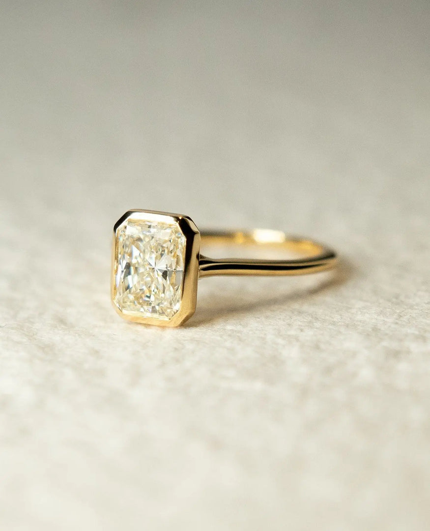 Radiant Cut Moissanite Bezel Set Ring – 14K Yellow Gold Solitaire Engagement Ring