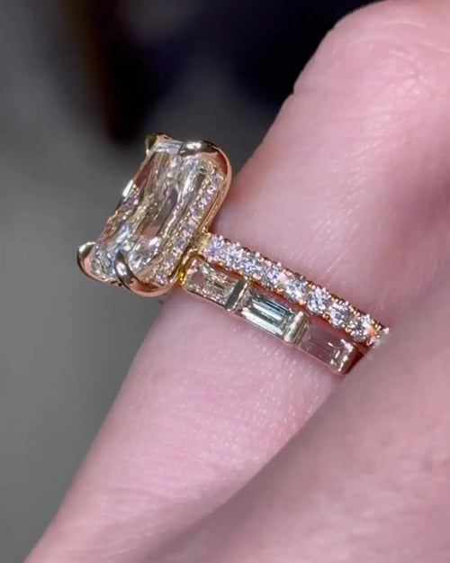 Radiant cut moissanite bridal ring set with matching wedding band