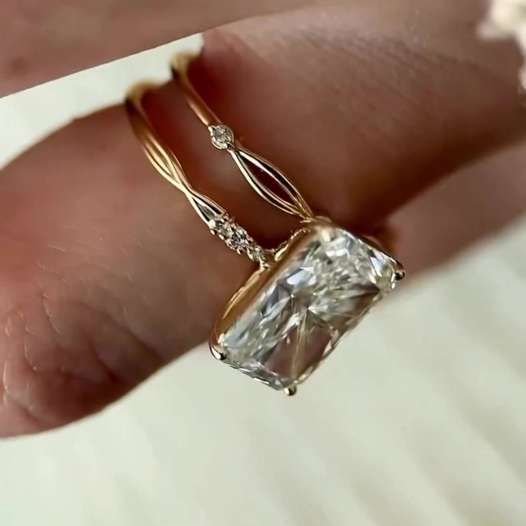 Radiant Cut Moissanite Bridal Set – Engagement Ring with Matching Stackable Band