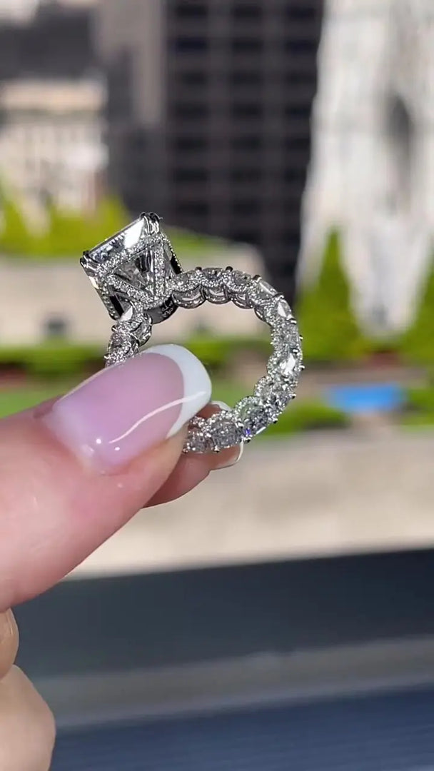 Radiant Cut Moissanite Diamond Ring – Three-Side Pave, Hidden Halo Modern Proposal & Anniversary Ring