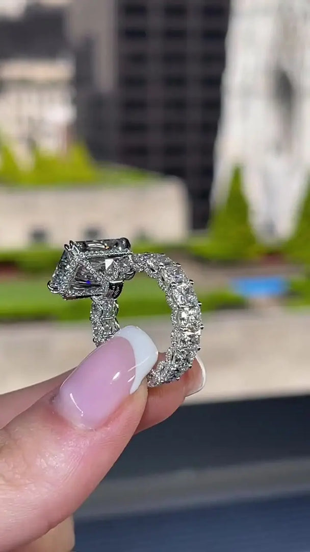 Radiant Cut Moissanite Diamond Ring – Three-Side Pave, Hidden Halo Modern Proposal & Anniversary Ring