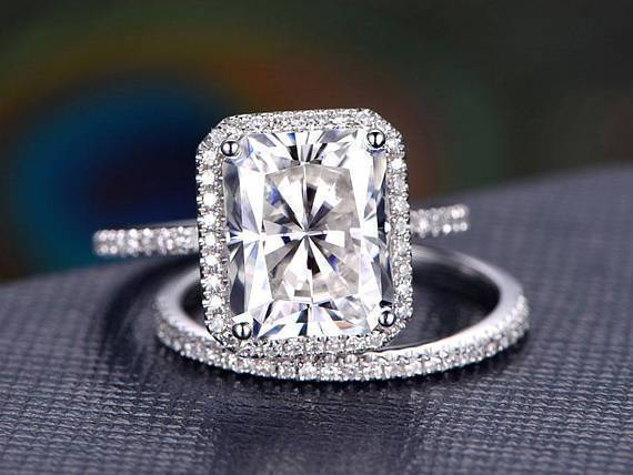 3.0 CT Radiant Cut Halo Style Moissanite Bridal Ring Set Mapple Gems