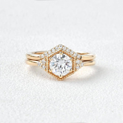 2 CT Round Brilliant Cut Moissanite Bridal Engagement Ring Set Hexagon Style Mapple Gems