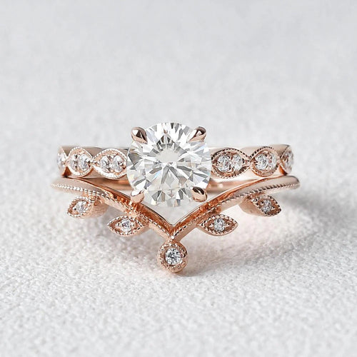 Round Brilliant Cut Solitaire Moissanite Wedding Ring with Curved Stacking Band Mapple Gems