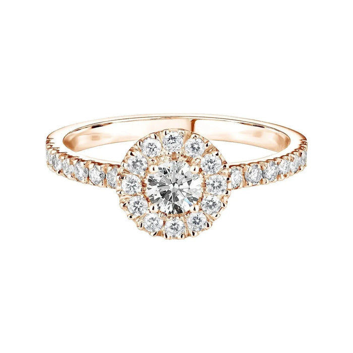 Round brilliant cut moissanite halo engagement ring in gold