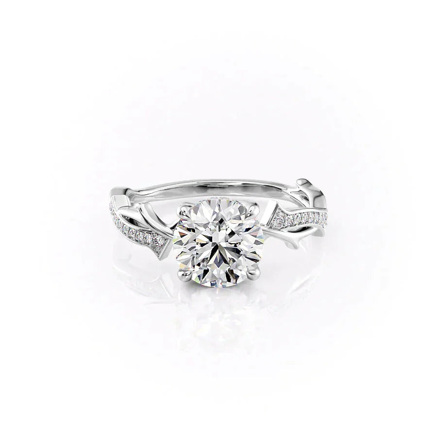 Round cut moissanite hidden halo engagement ring in 14K white gold