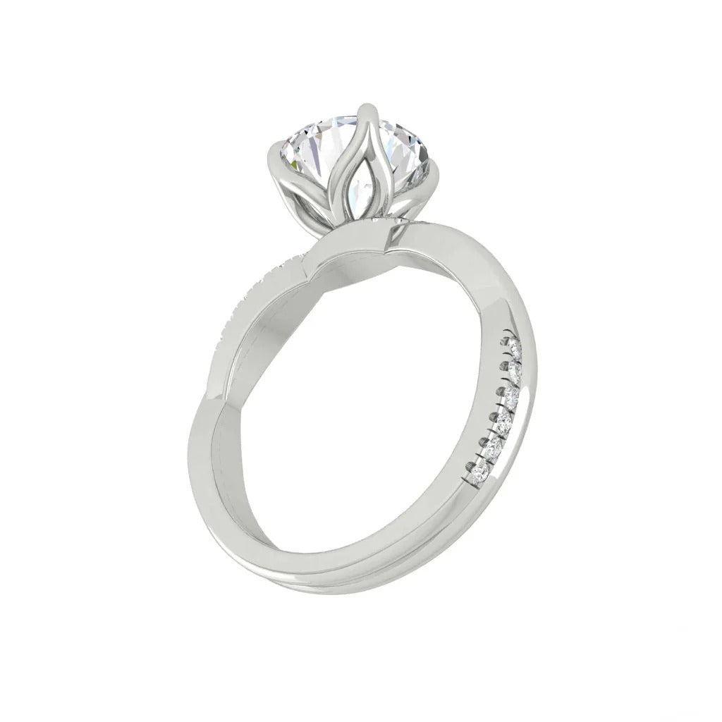 Round Brilliant Moissanite Solitaire on Twisted Gold Band – Handmade Bridal Ring

