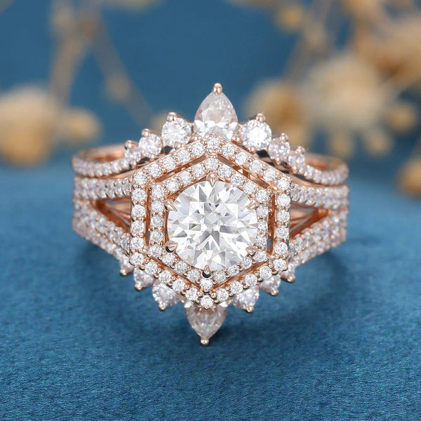 2 CT Round Moissanite Double Halo Bridal Set Engagement Ring & Band