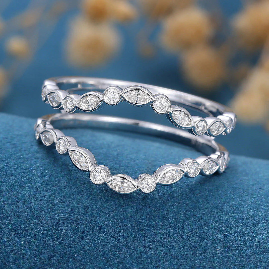 Round & Marquise Shaped Moissanite Unique Wedding Band