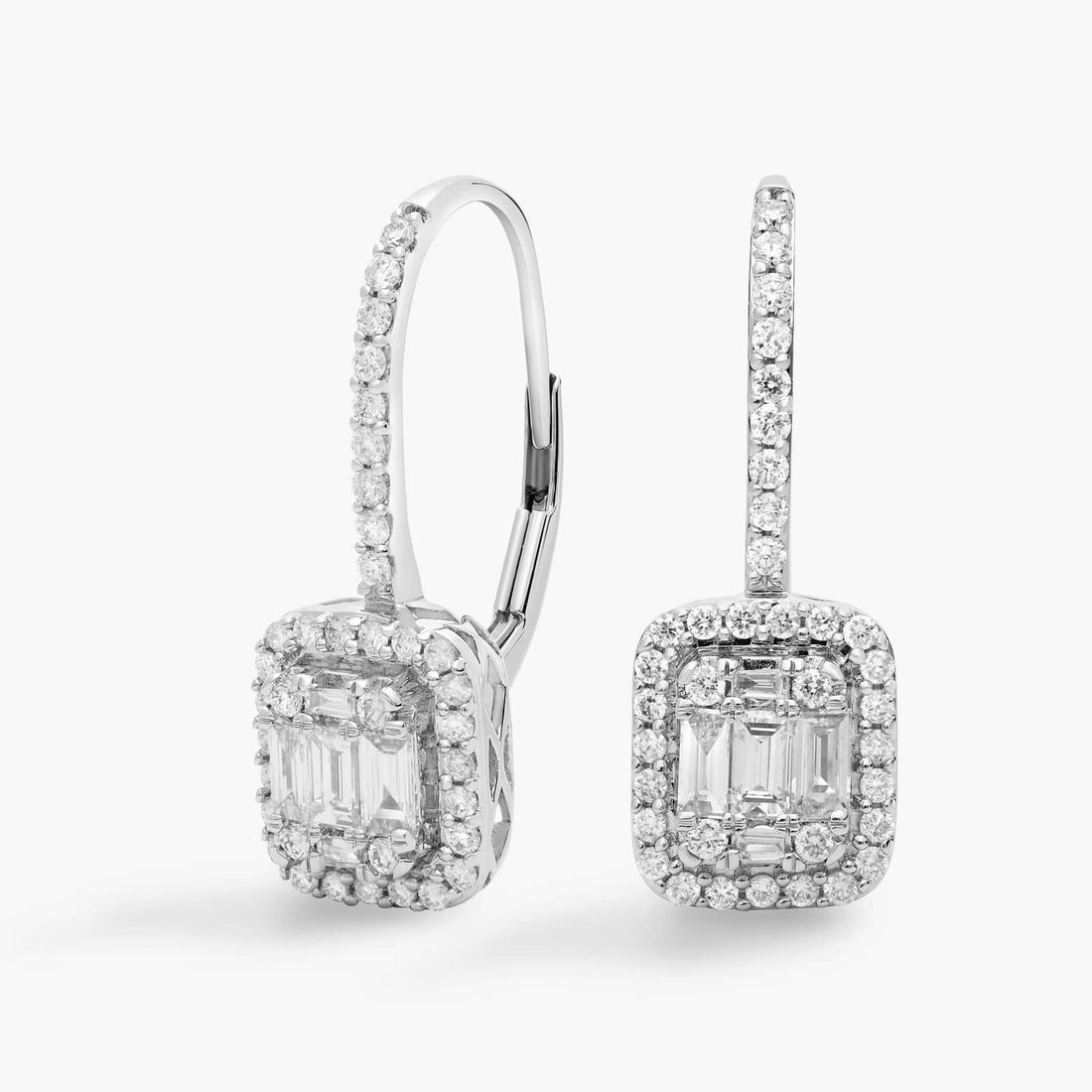 Emerald Cut Moissanite Halo Leverback Earrings - hero