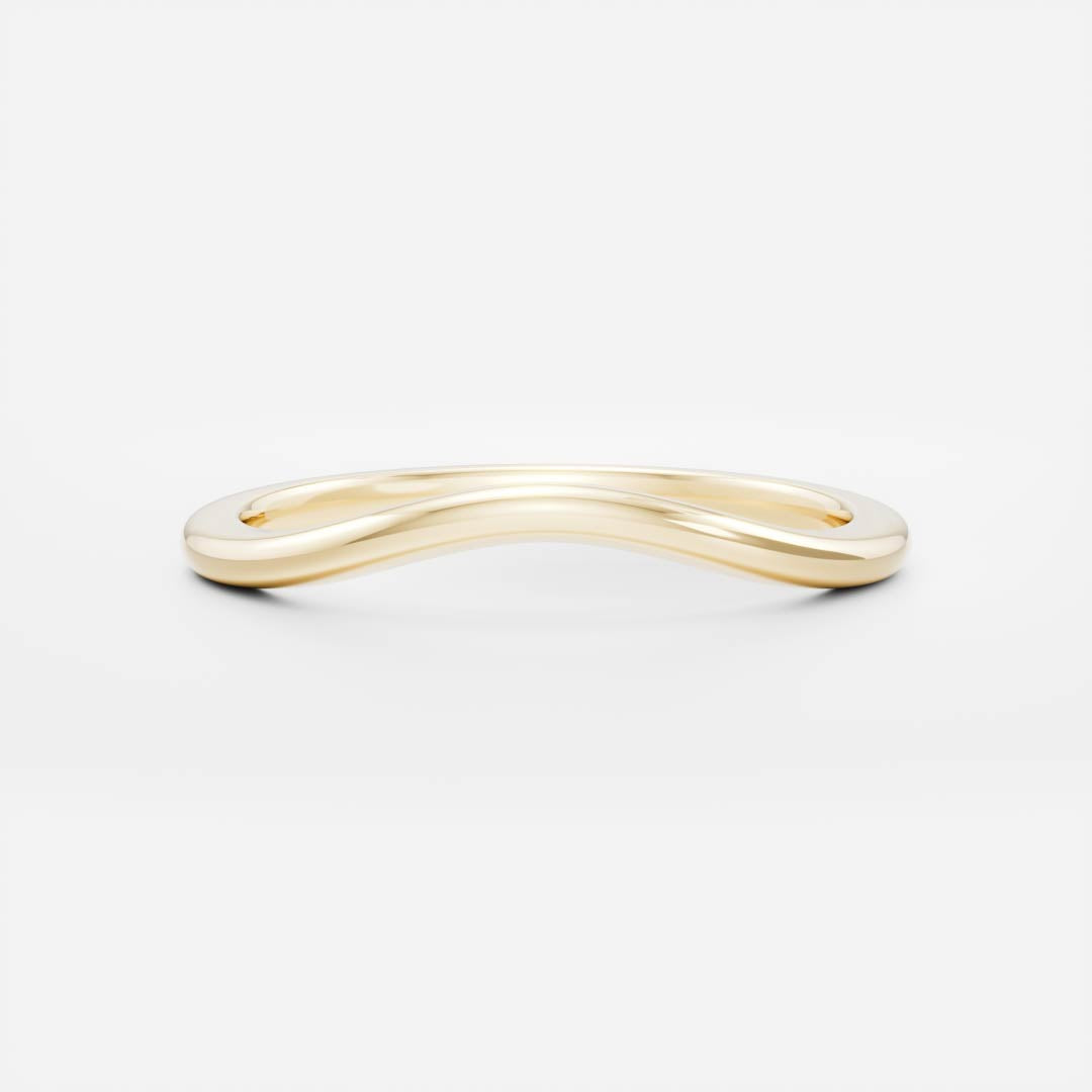 Classic curved plain wedding band in yellow gold, front view