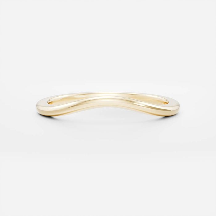 Classic curved plain wedding band in yellow gold, front view
