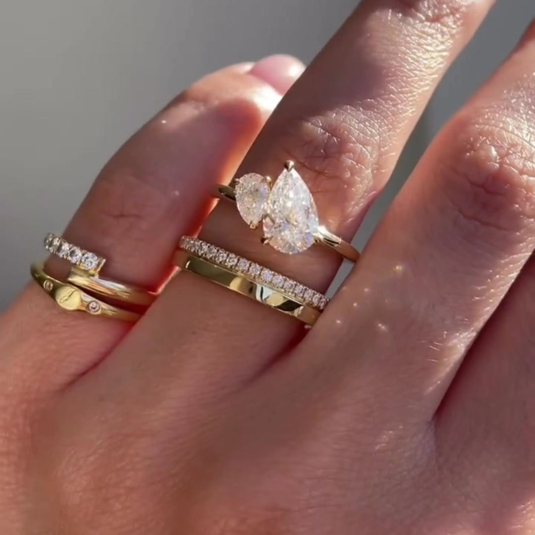 Unique Toi Et Moi Engagement Ring Set Pear Moissanite & 14K Yellow Solid Gold Bridal Wedding Set