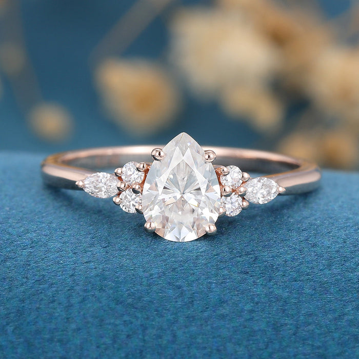 Pear Cut Moissanite Cluster Engagement Ring 2 CT to 5 CT - front view 1