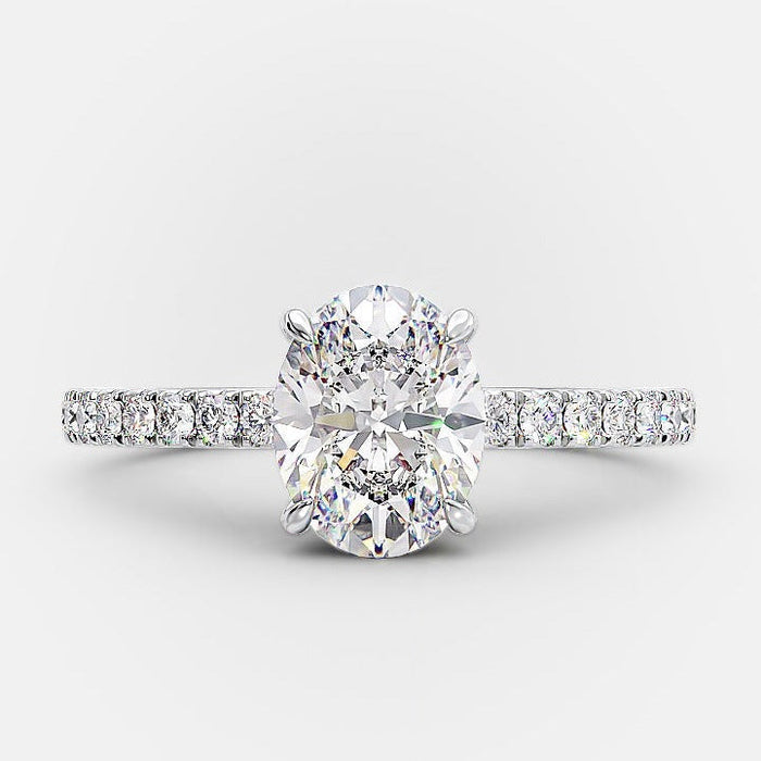 Oval Cut Moissanite Hidden Halo Slim Pave Band Engagement Ring - front view 2