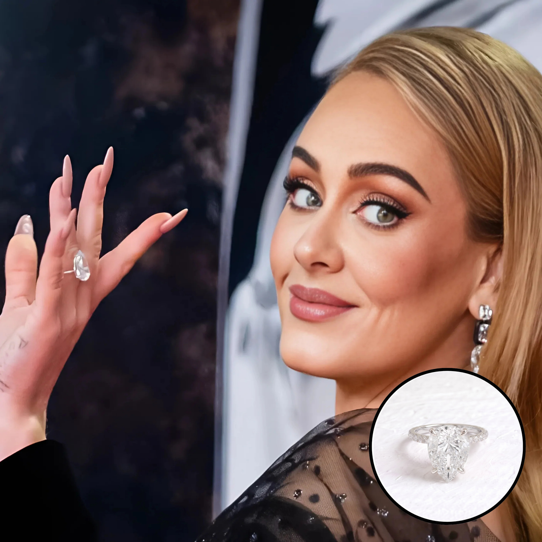 Reference photo of Adele with our Adele inspired pear hidden halo pavé ring shown inset