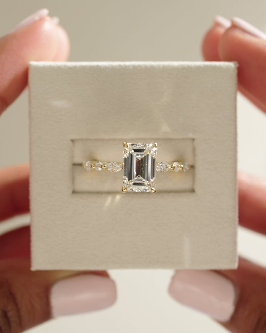 Emerald Cut Moissanite Four Claw Engagement Ring with Marquise and Round Accents - view 1