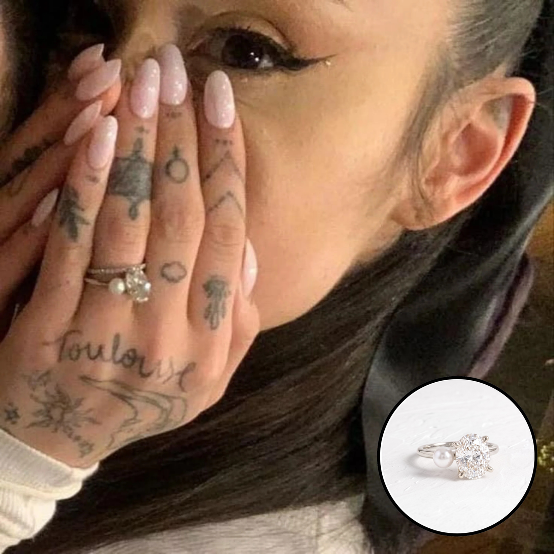 Reference photo of Ariana Grande with our Ariana Grande inspired oval and pearl toi et moi ring shown inset
