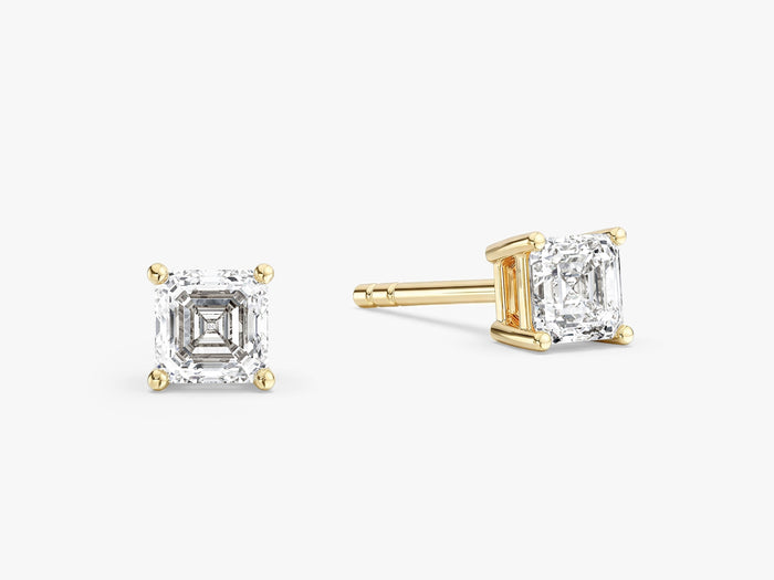 Pair of asscher everyday 4 prong solitaire lab grown diamond stud earrings in yellow gold, E color VVS2 lab grown diamonds