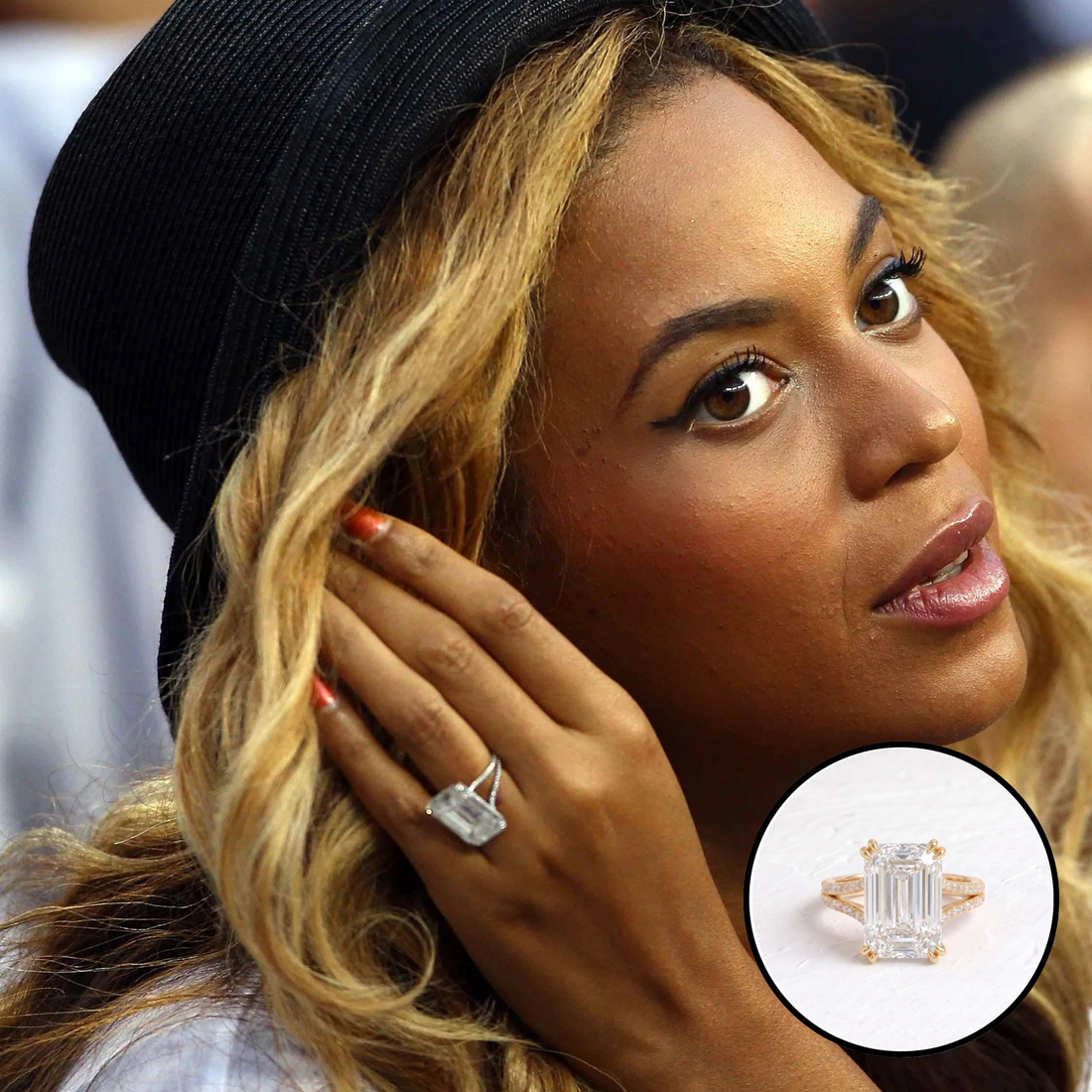 Reference photo of Beyonce with our Beyonce inspired emerald cut split shank ring shown inset
