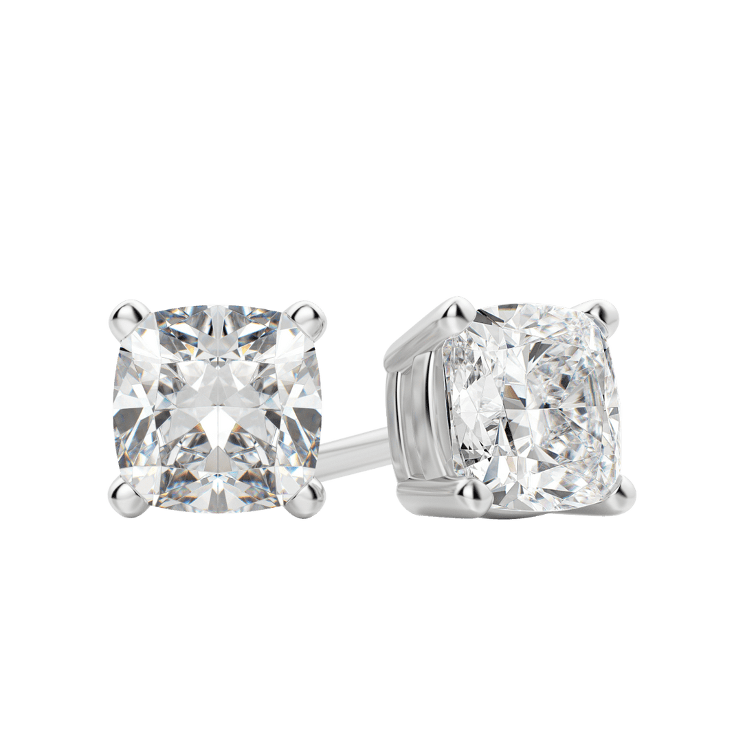 Close up of a pair of white gold cushion cut lab grown diamond stud earrings in four prong settings
