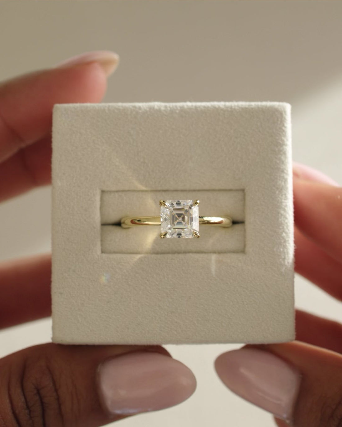 Asscher Cut Moissanite Four Claw Solitaire Engagement Ring with Polished Band - view 1
