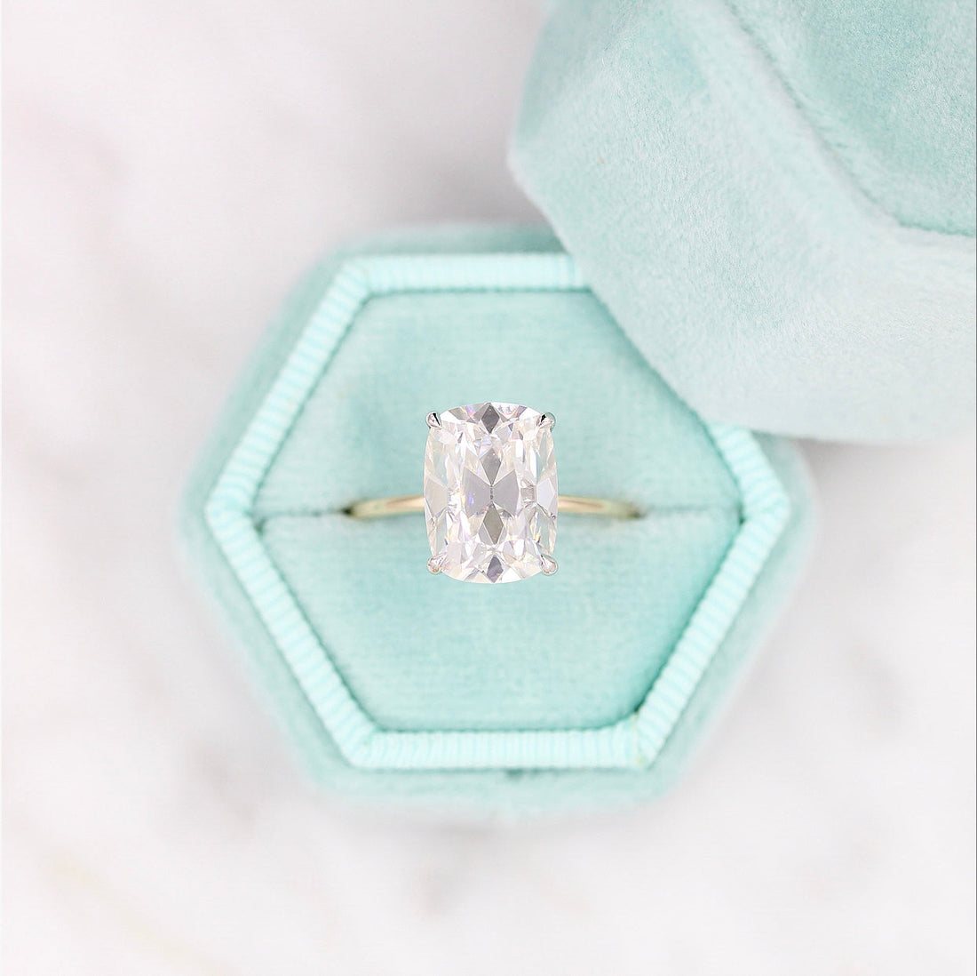 Elongated cushion lab grown diamond solitaire engagement ring