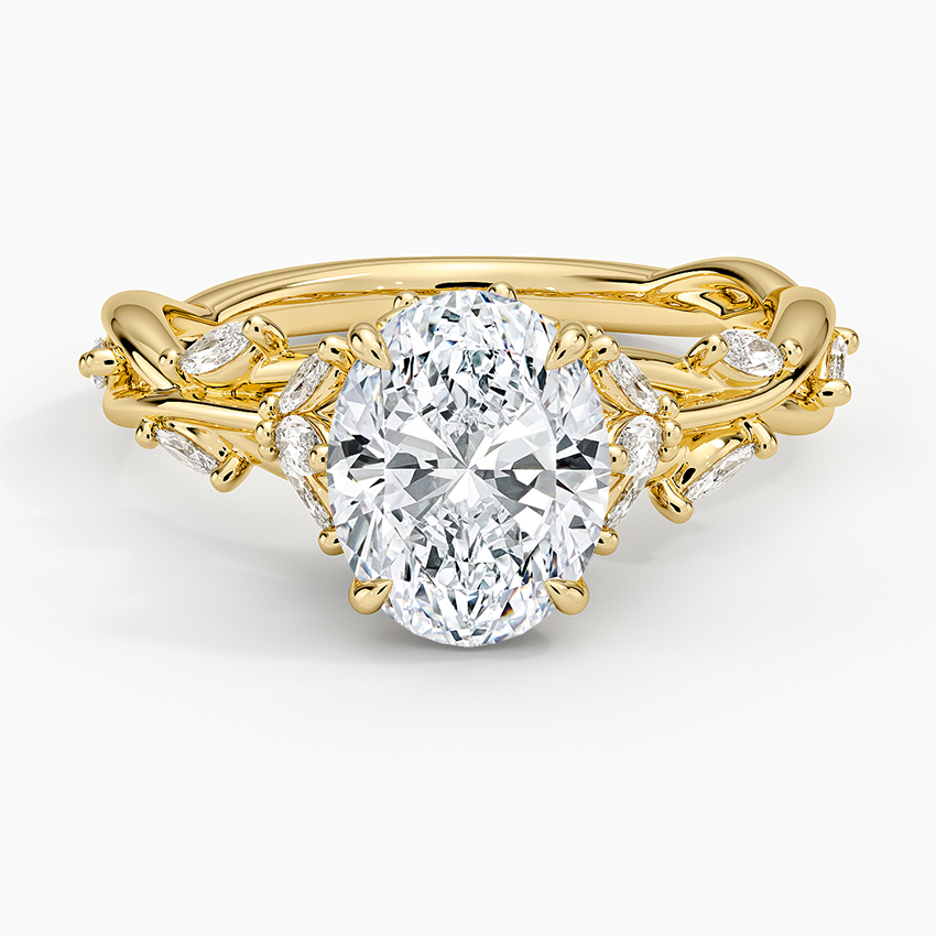 Oval cut lab grown diamond ring on an entwined vine band with marquise leaf accents in yellow gold, top view