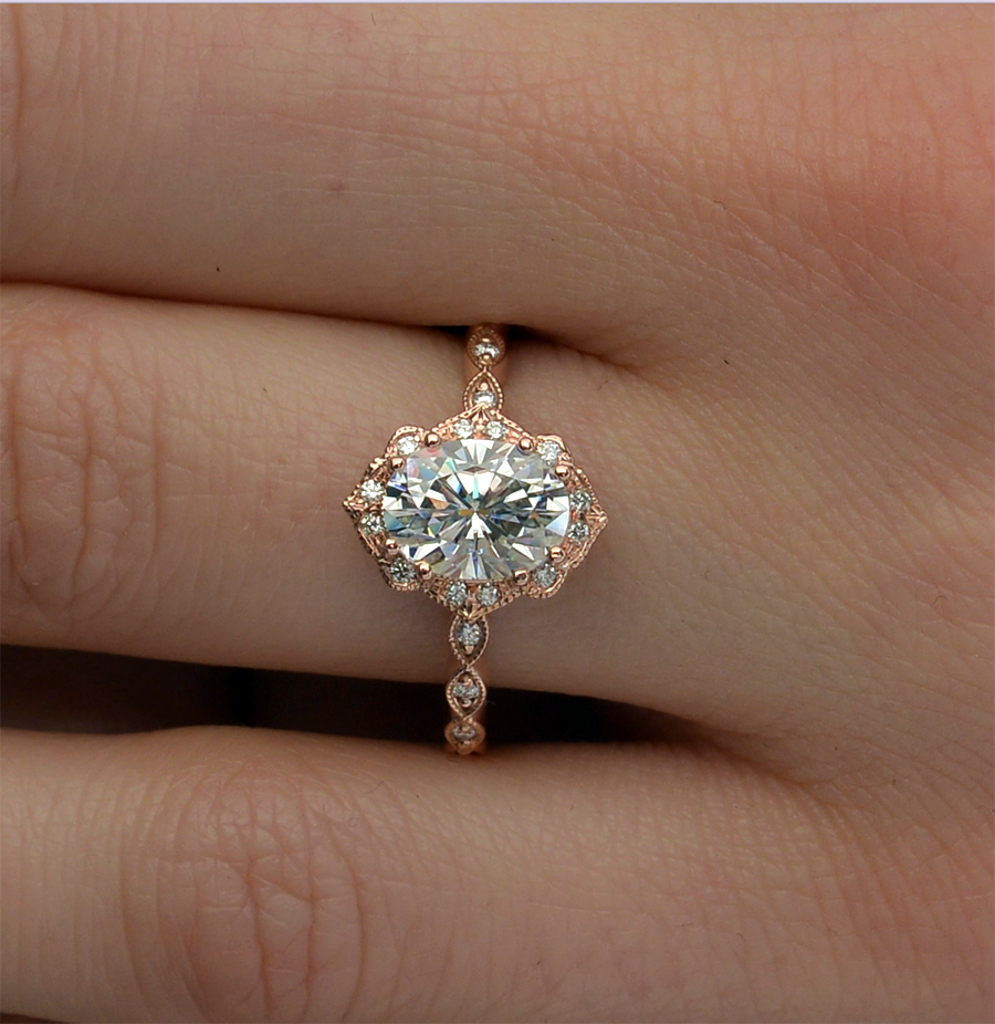 Oval lab grown diamond petite vintage halo pave engagement ring