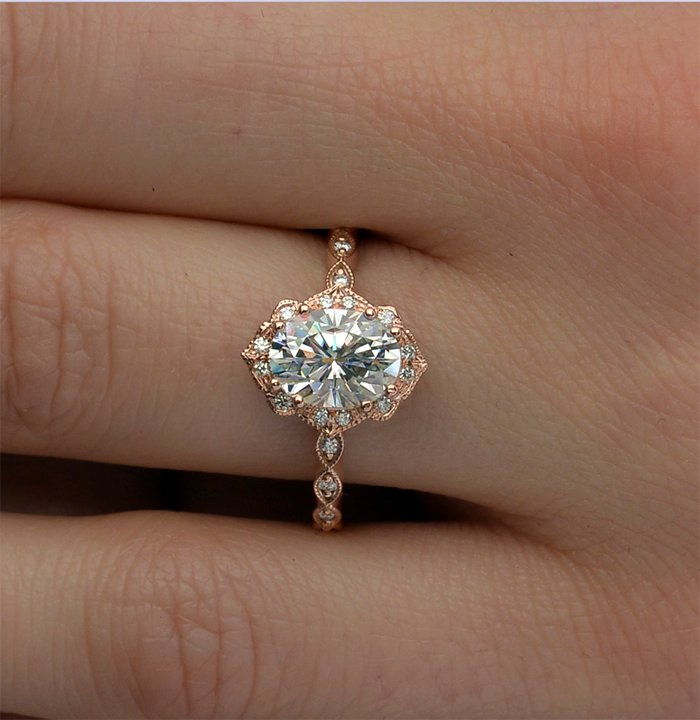 Oval lab grown diamond petite vintage halo pave engagement ring