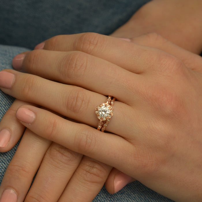 Cushion cut lab grown diamond vintage halo pave engagement ring