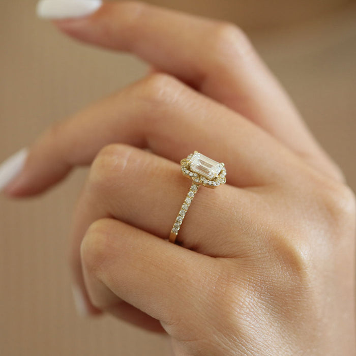 Emerald cut lab grown diamond vintage halo pave ring
