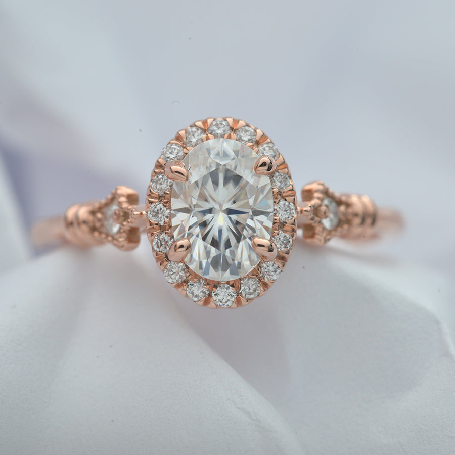 Oval lab grown diamond art deco halo and pave engagement ring