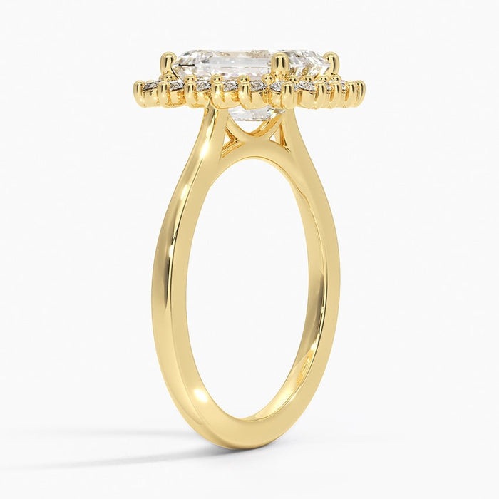 Profile view showing the halo frame and plain slim polished band