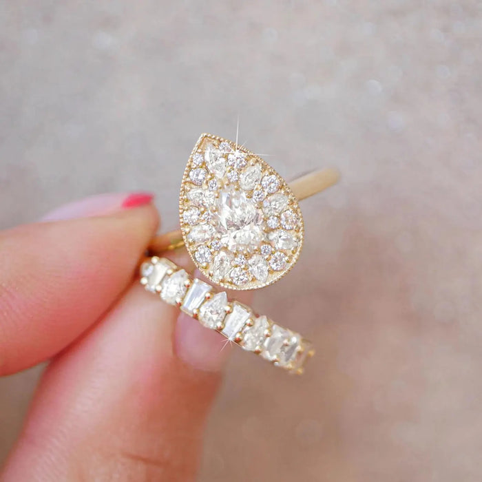 Pear cut lab grown diamond cluster halo ring, front view
