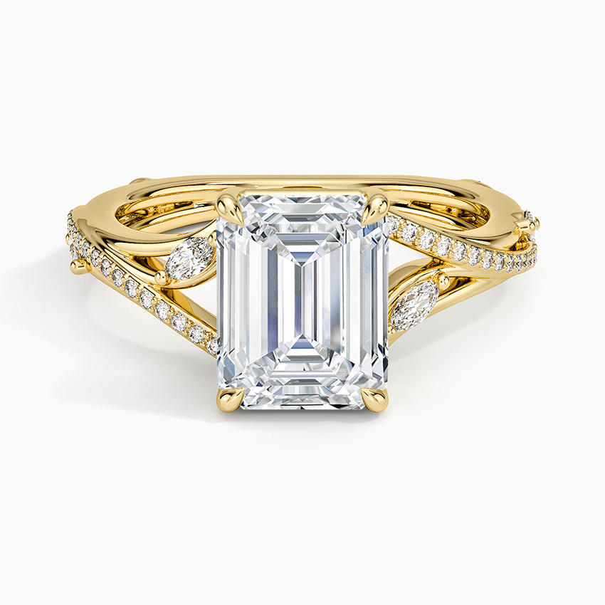 Emerald cut lab grown diamond ring in yellow gold on a pave split shank with marquise accents, top view