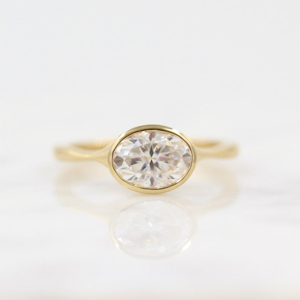 Sideways oval lab grown diamond bezel solitaire ring