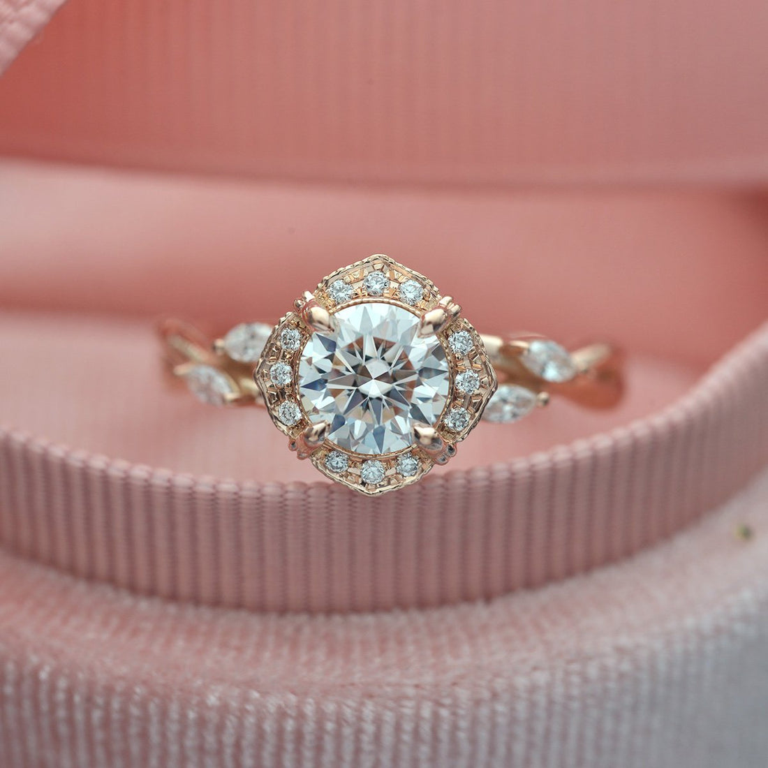 Round lab grown diamond vintage halo split shank engagement ring