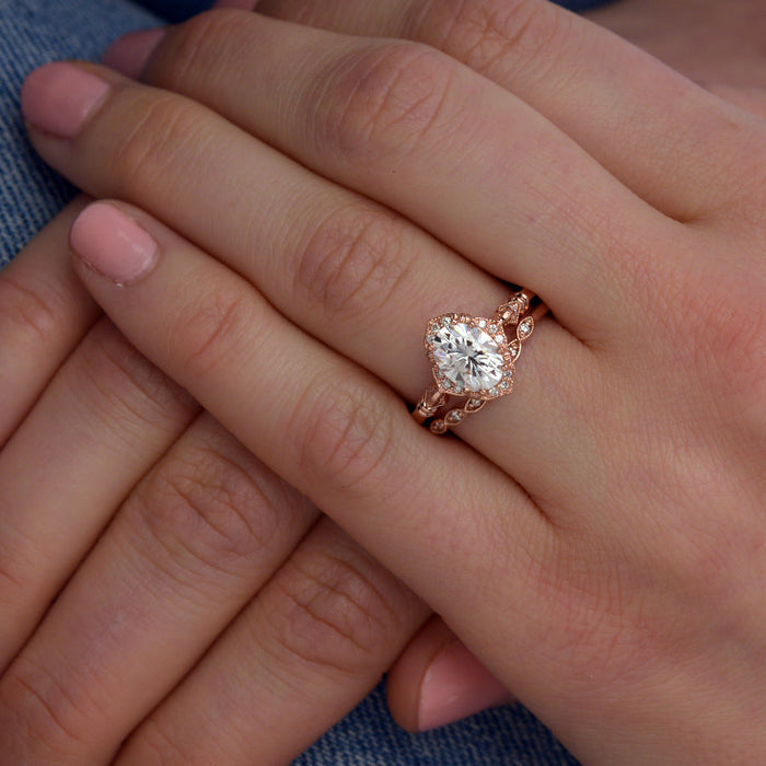 Oval lab grown diamond vintage halo stacking engagement ring