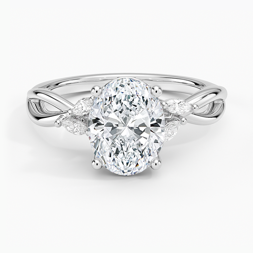 Oval cut lab grown diamond ring with marquise leaves on a woven twist white gold band, top view