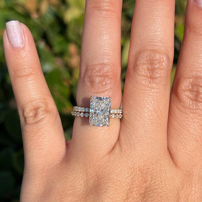 Radiant cut lab grown diamond ring angled view