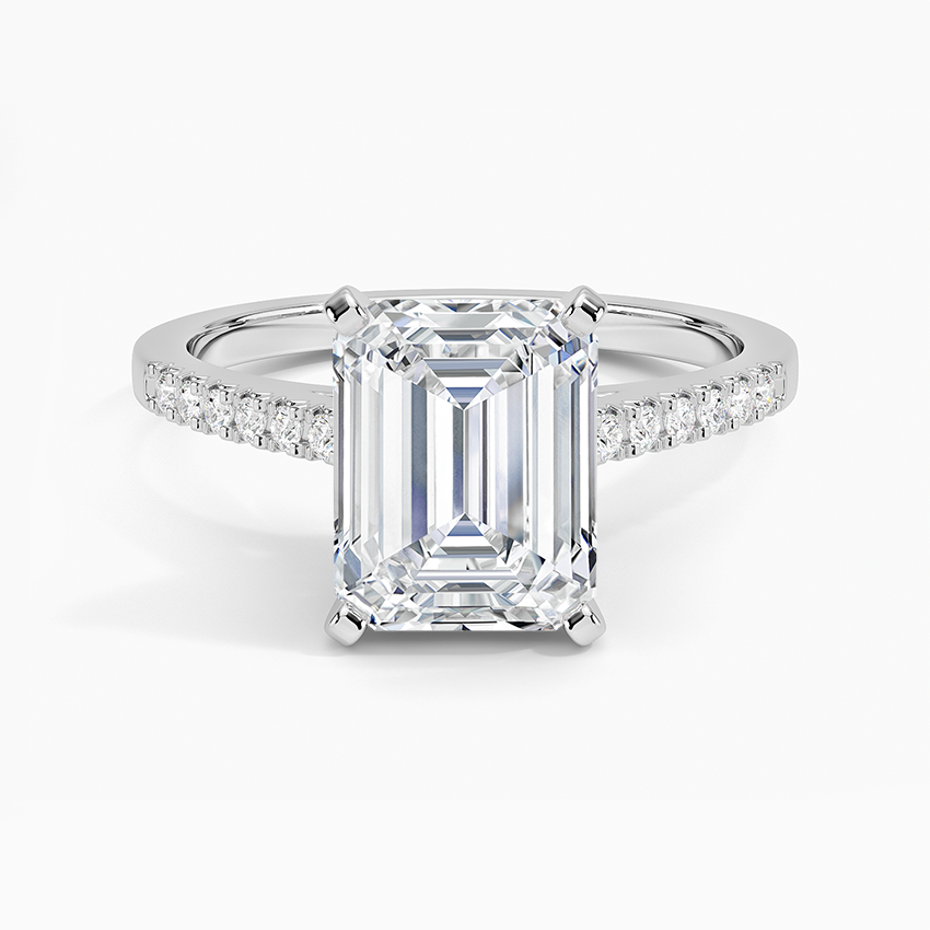 Emerald cut lab grown diamond ring with slim cathedral pave shoulders in white gold, top view