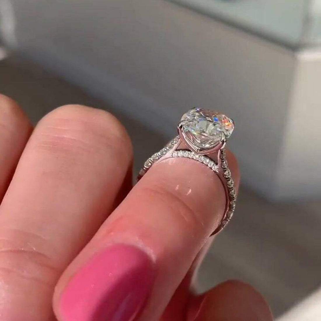 Elongated cushion cut lab grown diamond hidden halo ring with pave setting