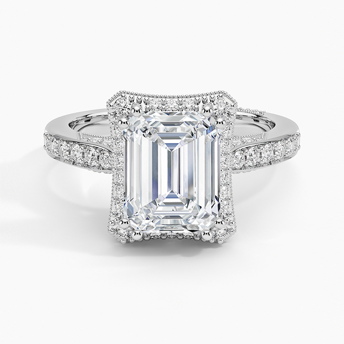 Emerald cut lab grown diamond ring with vintage milgrain halo in white gold, top view