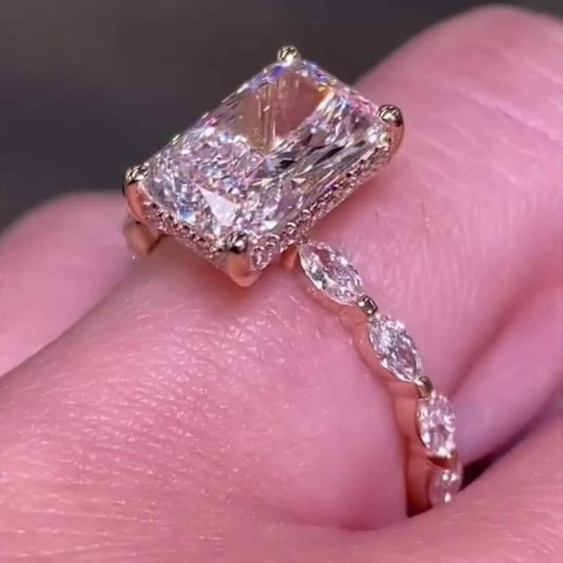 Radiant cut lab grown diamond hidden halo anniversary ring
